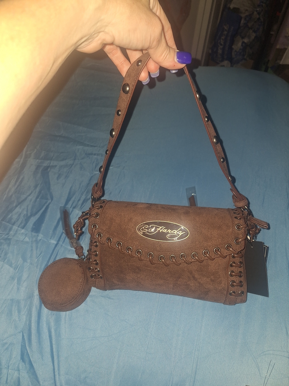 Ed Hardy Brown Suede Shoulder Bag with Coin Purse Charm